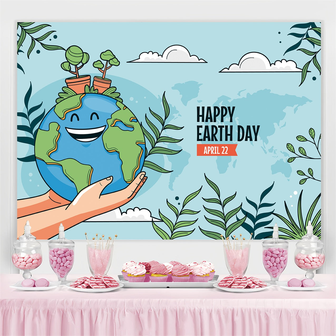 Happy Earth Day Backdrop Smiling Earth Hands Holding Backdrop GTY3-46