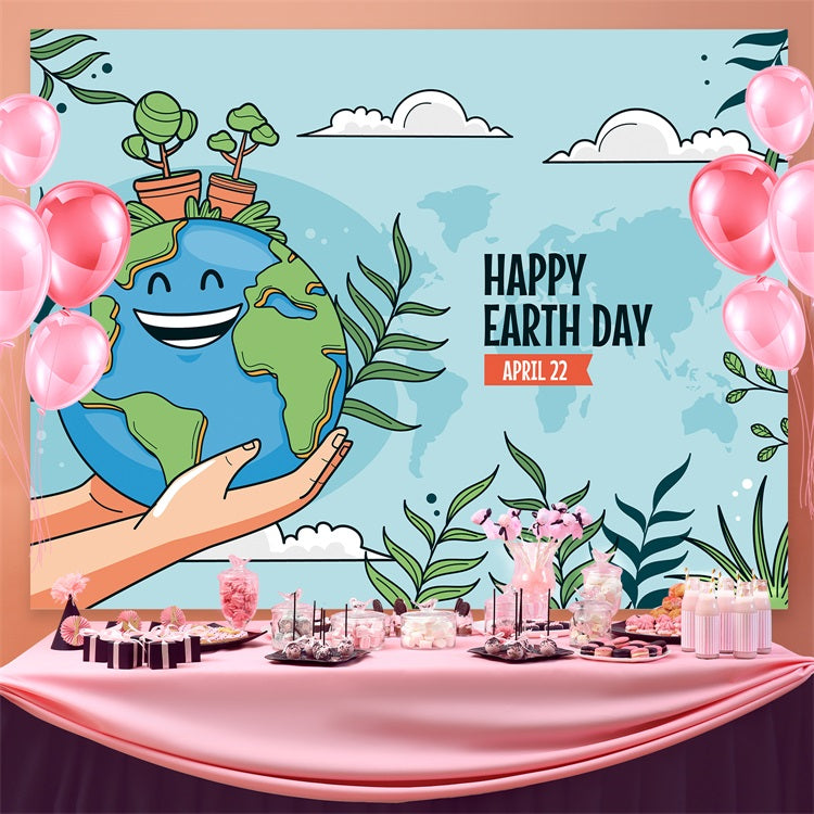 Happy Earth Day Backdrop Smiling Earth Hands Holding Backdrop GTY3-46