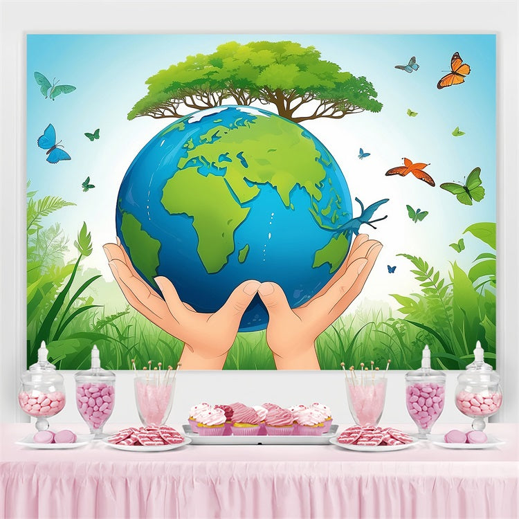 Happy Earth Day Backdrop Hands Protecting Earth Greenery Backdrop GTY3-49