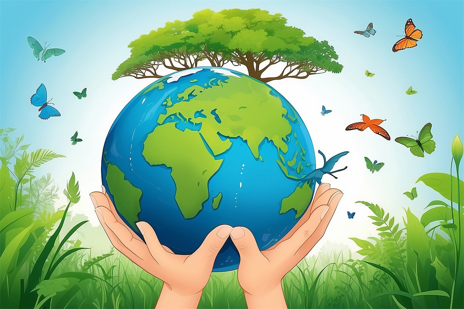 Happy Earth Day Backdrop Hands Protecting Earth Greenery Backdrop GTY3-49