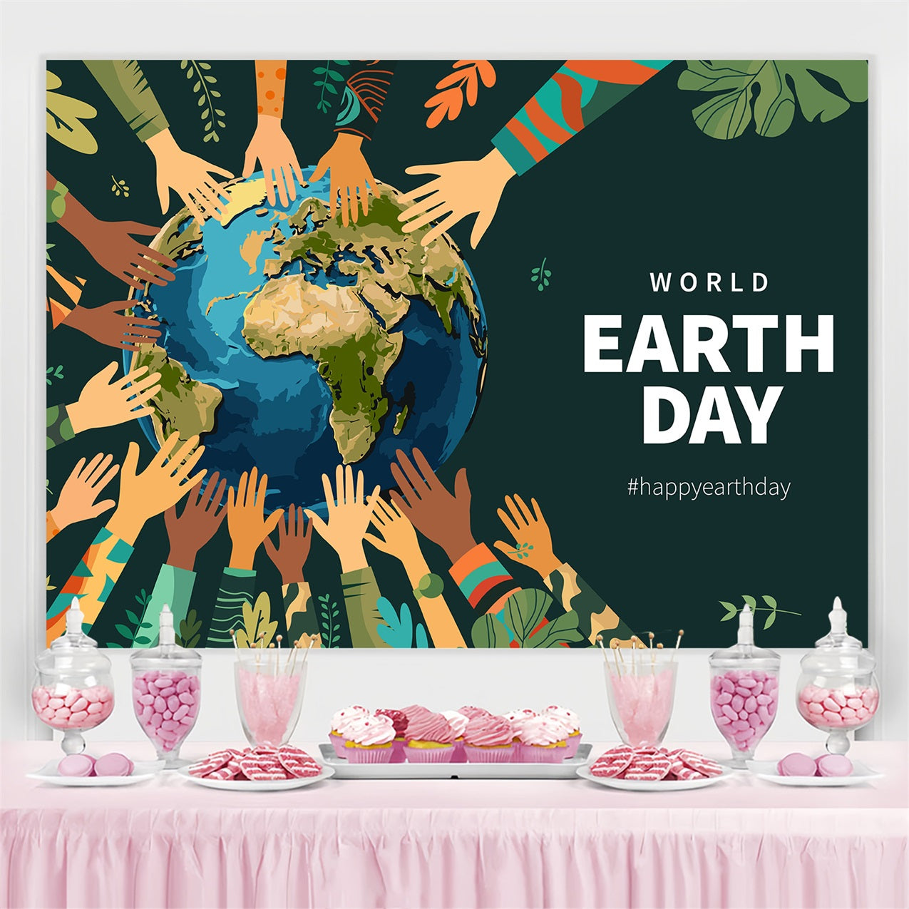 Happy Earth Day Backdrop Hands Around the World Backdrop GTY3-54