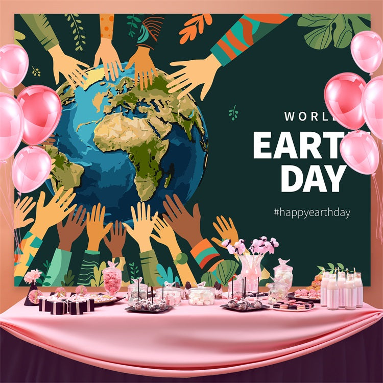 Happy Earth Day Backdrop Hands Around the World Backdrop GTY3-54