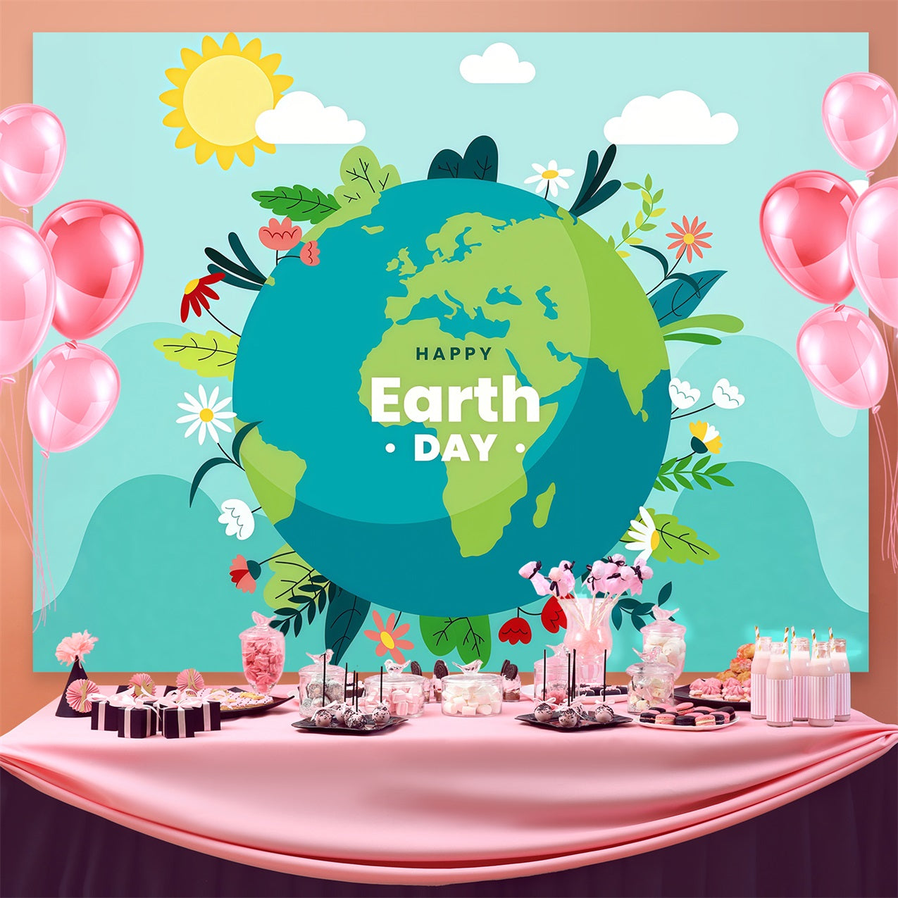 Happy Earth Day Backdrop Blue Sky Sunshine Nature Photography Backdrop GTY3-59