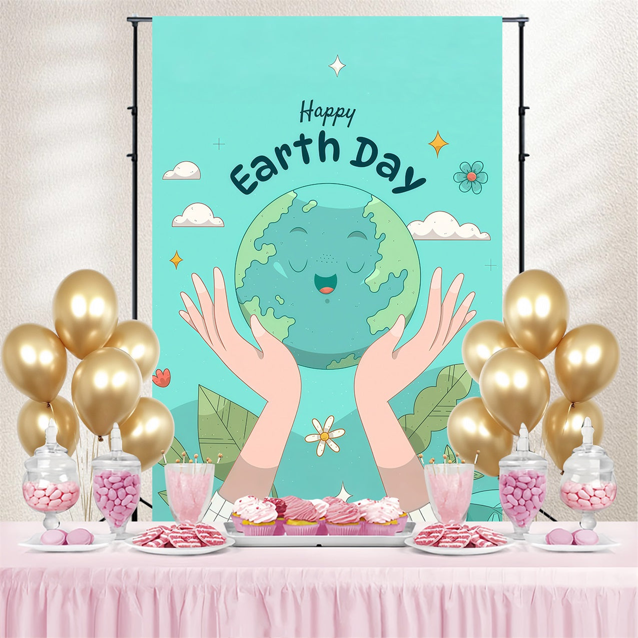 Happy Earth Day Backdrop Cute Smiling Earth with Hands Backdrop GTY3-64