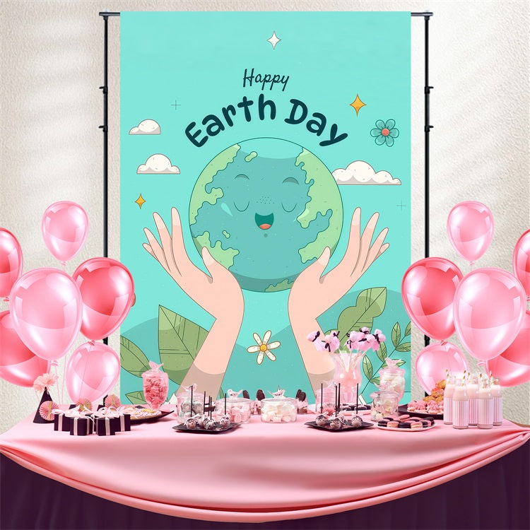 Happy Earth Day Backdrop Cute Smiling Earth with Hands Backdrop GTY3-64