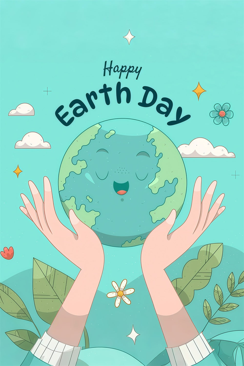 Happy Earth Day Backdrop Cute Smiling Earth with Hands Backdrop GTY3-64