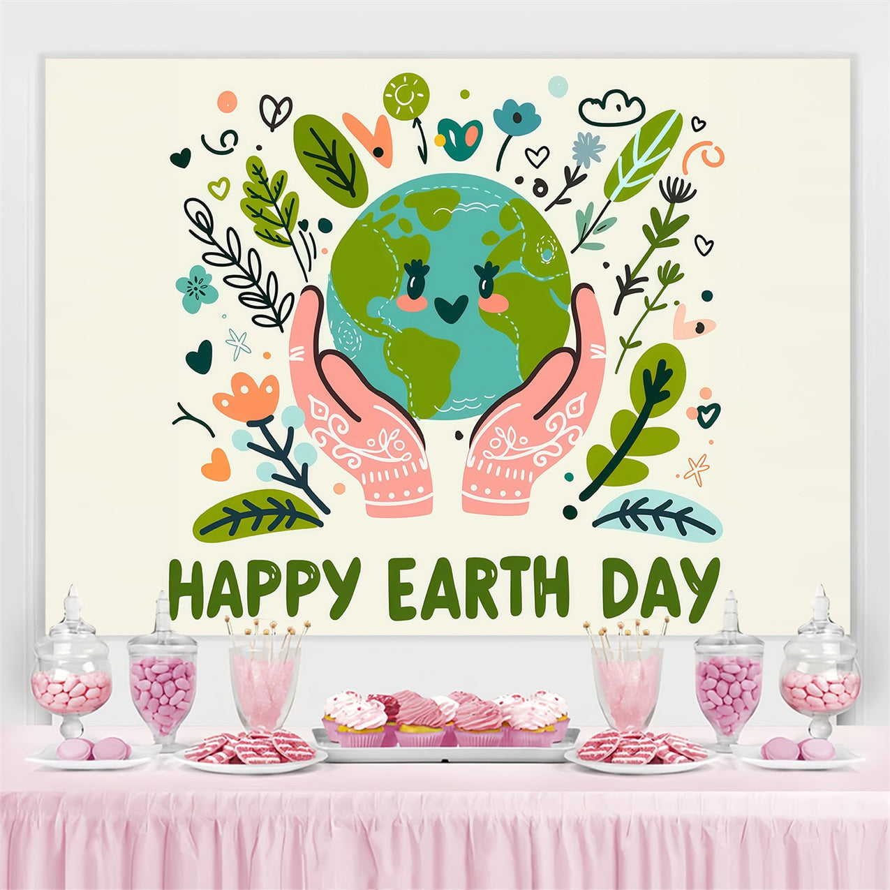 Happy Earth Day Backdrop Floral Love Hand Drawn Backdrop GTY3-68