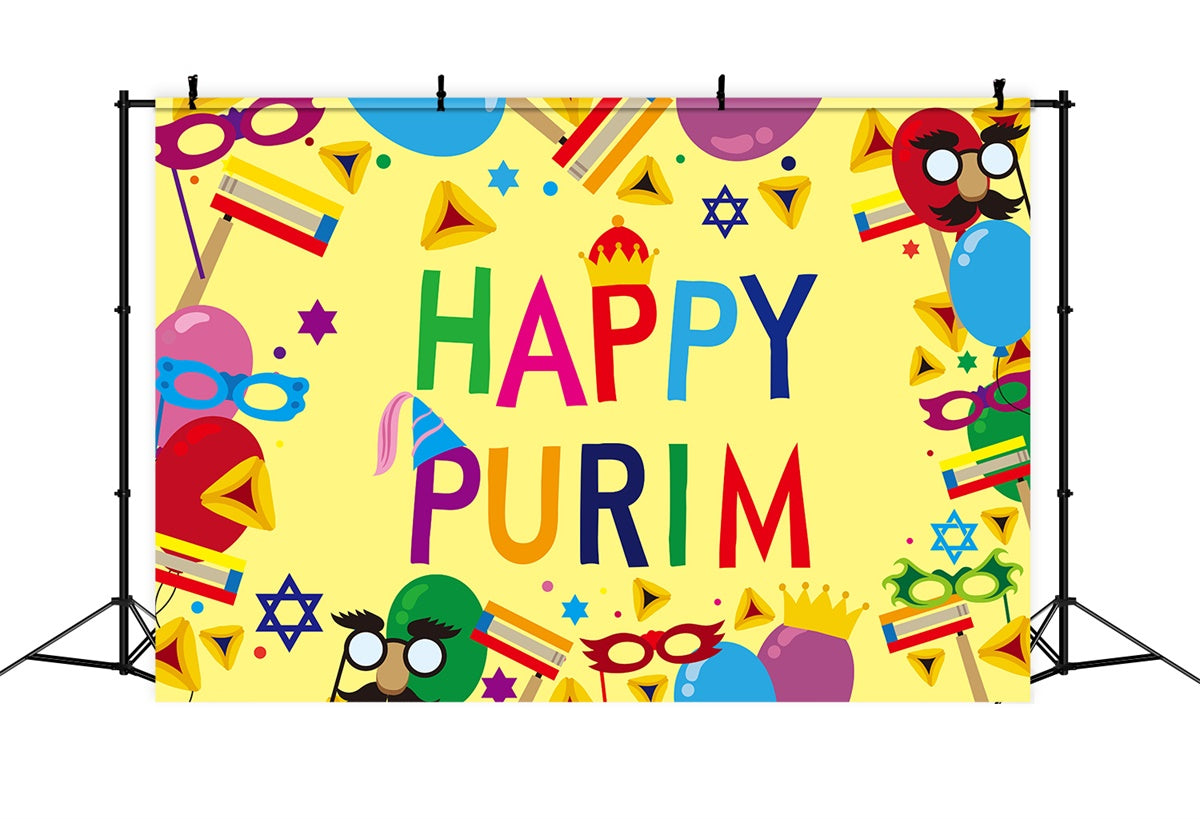 Purim Backdrop Golden Yellow Mask Balloon Backdrop GTY3-7