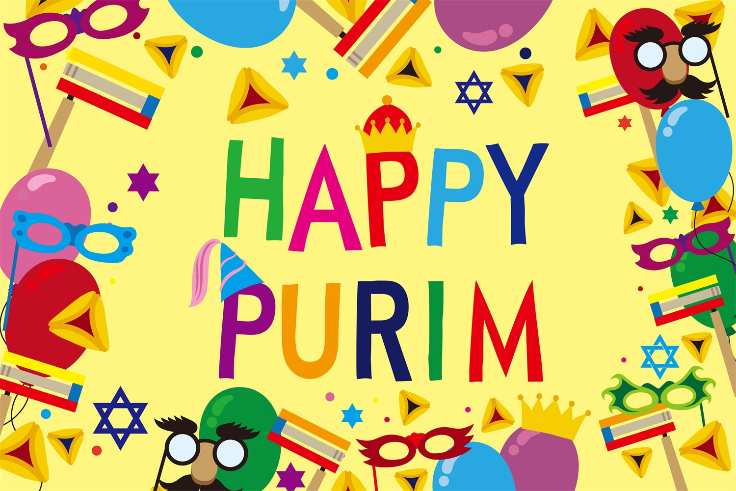 Purim Backdrop Golden Yellow Mask Balloon Backdrop GTY3-7