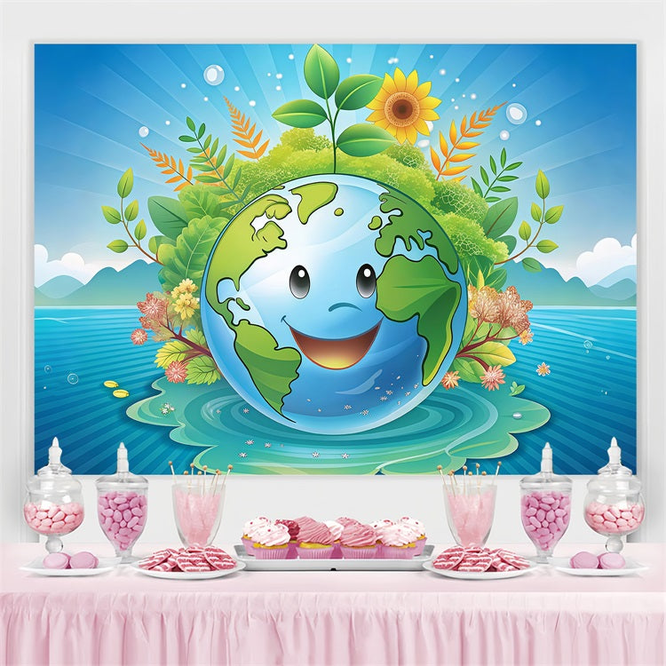 Happy Earth Day Backdrop Smiling Earth Surrounded Nature Backdrop GTY3-70