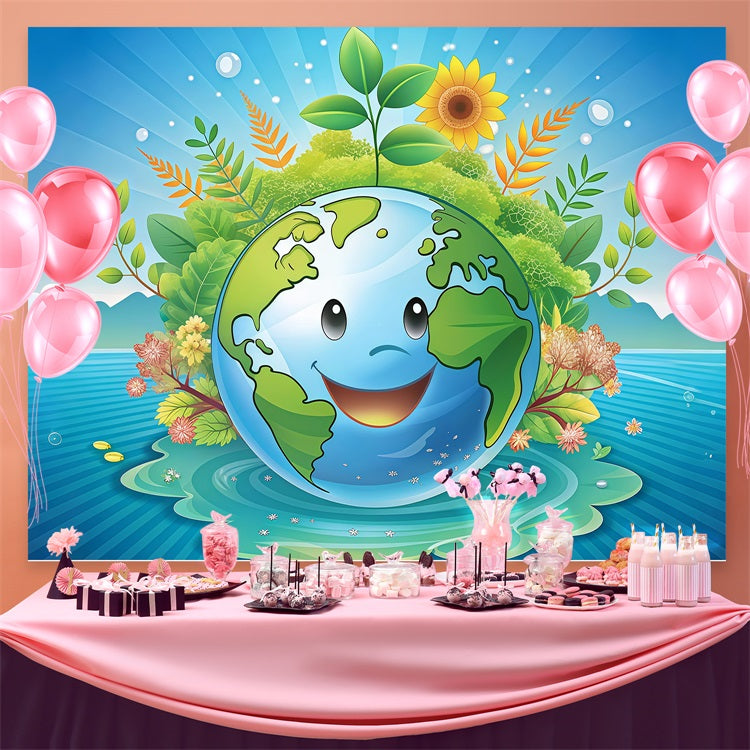 Happy Earth Day Backdrop Smiling Earth Surrounded Nature Backdrop GTY3-70