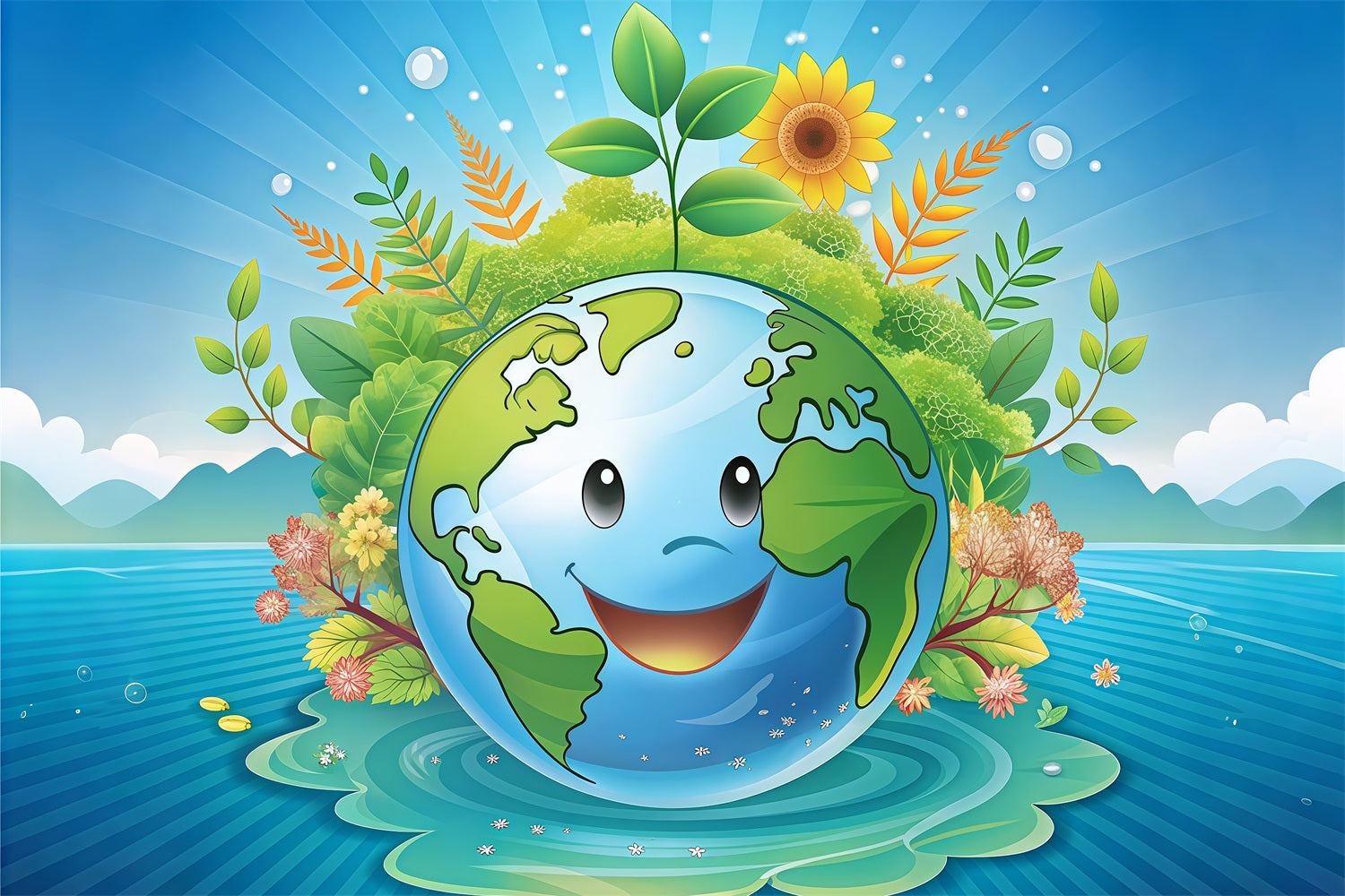 Happy Earth Day Backdrop Smiling Earth Surrounded Nature Backdrop GTY3-70