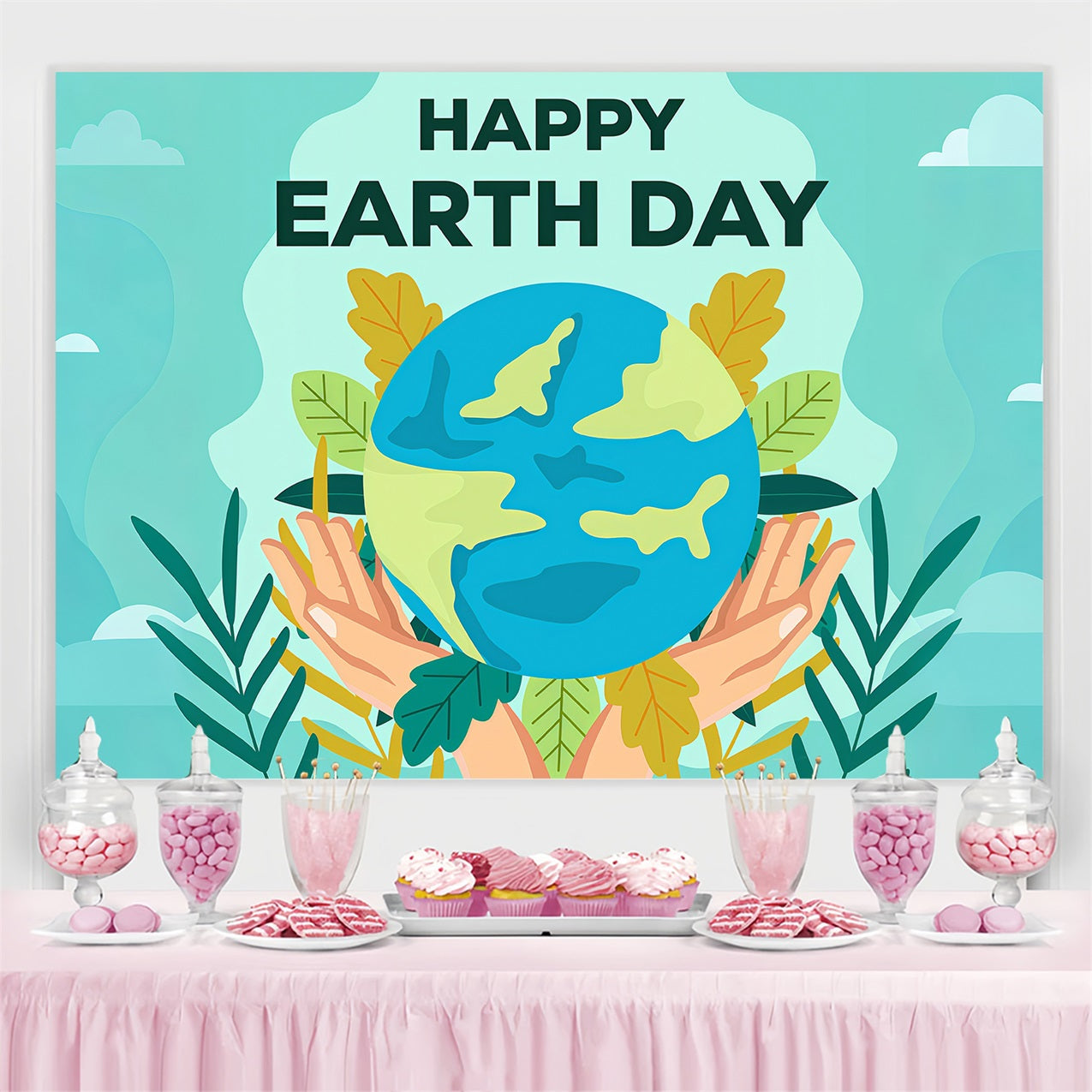 Happy Earth Day Backdrop Greenery Hands Holding Earth Backdrop GTY3-72