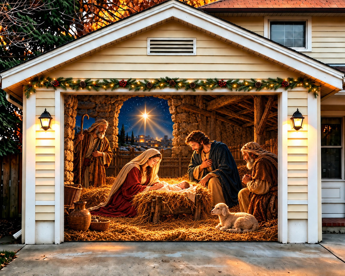 Nativity Christmas Garage Door Cover Starry Jesus Manger Christmas Garage Door Cover HQ610-10-1 Car