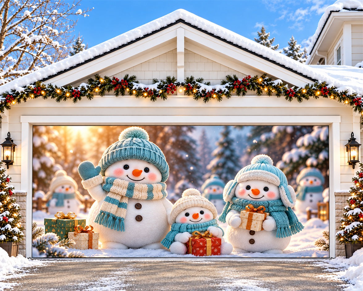 Cute Christmas Garage Door Cover Turquoise Snowman Family Christmas Outdoor Garage Door Decor HQ610-101-2 Car
