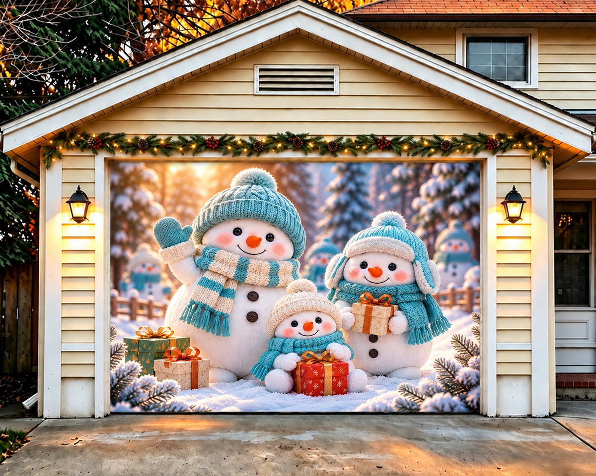 Cute Christmas Garage Door Cover Turquoise Snowman Family Christmas Outdoor Garage Door Decor HQ610-101-1 Car