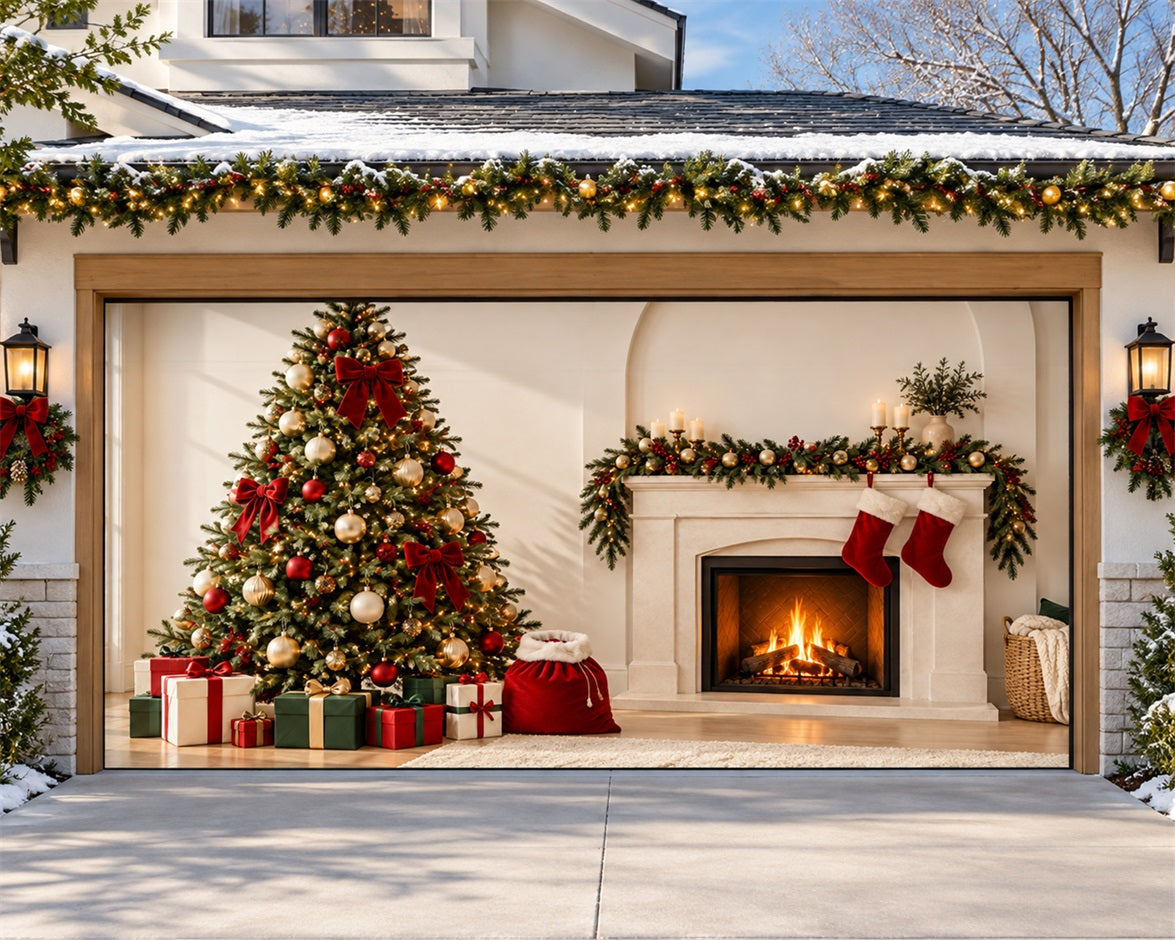 Modern Christmas Garage Door Cover Red Bow Fireplace Christmas Garage Door Decor HQ610-105-2 Car