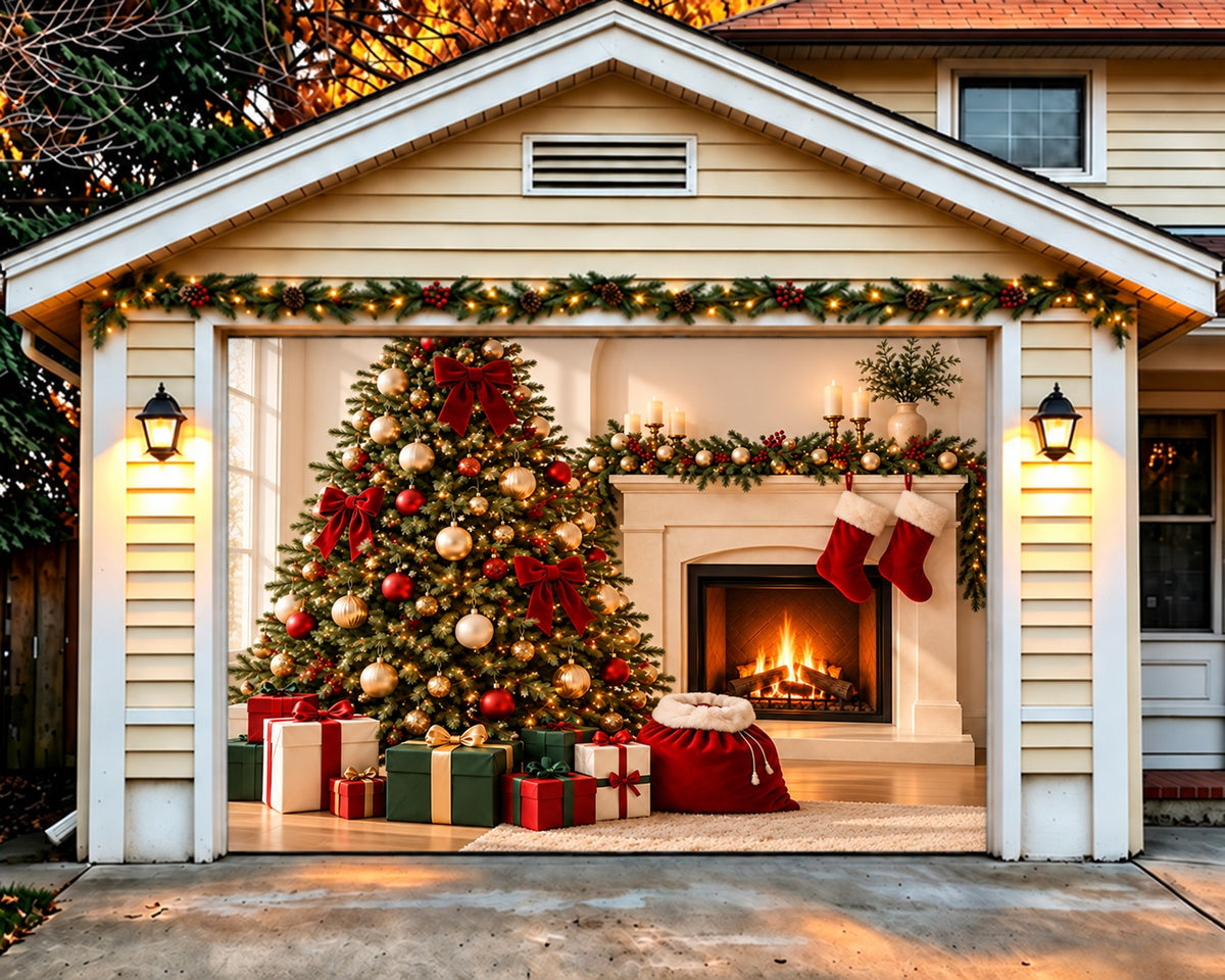 Modern Christmas Garage Door Cover Red Bow Fireplace Christmas Garage Door Decor HQ610-105-1 Car