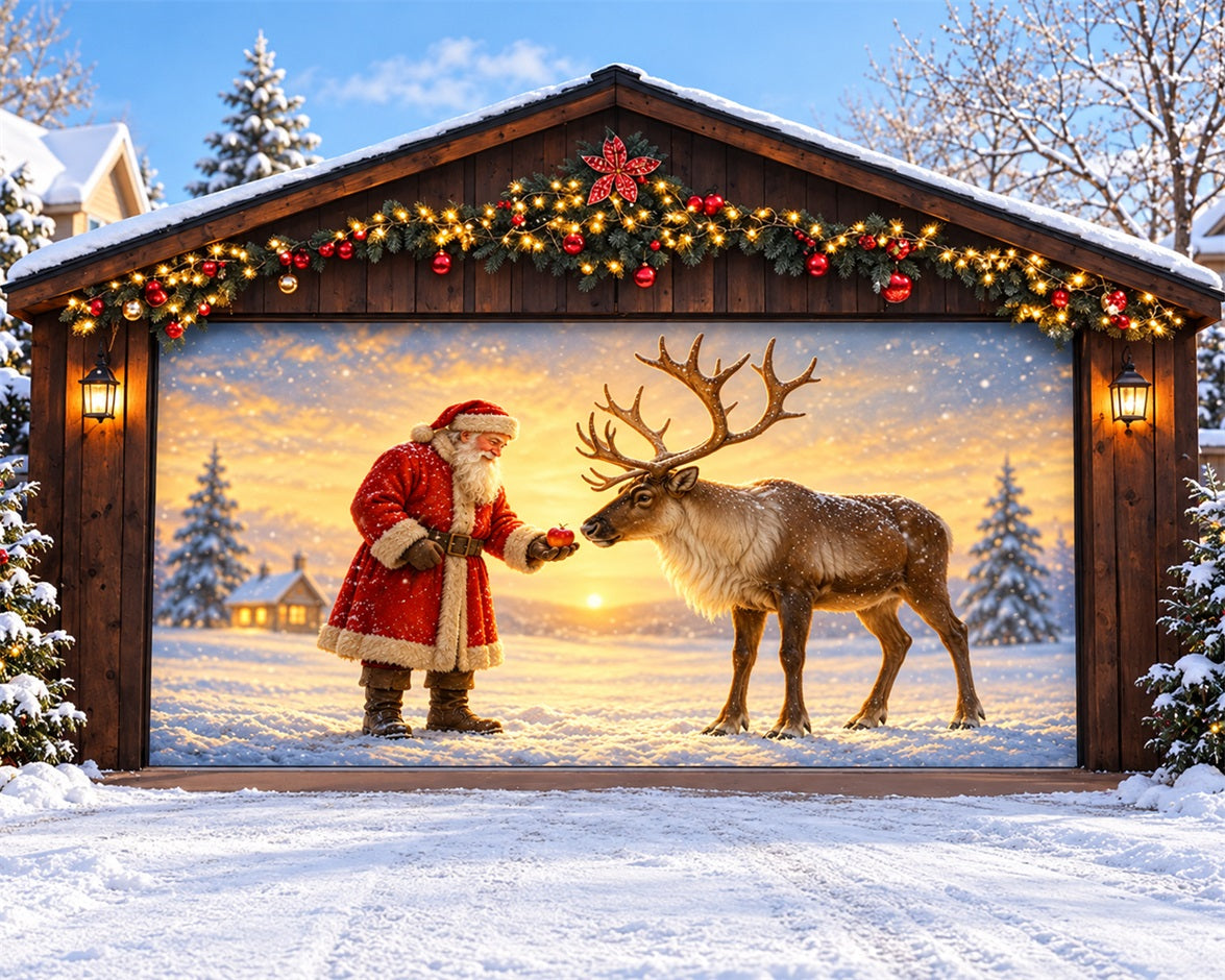 Santa Reindeer Christmas Garage Door Cover Snowy Sunset Apple Outdoor Christmas Garage Door Decoration HQ610-107-2 Car