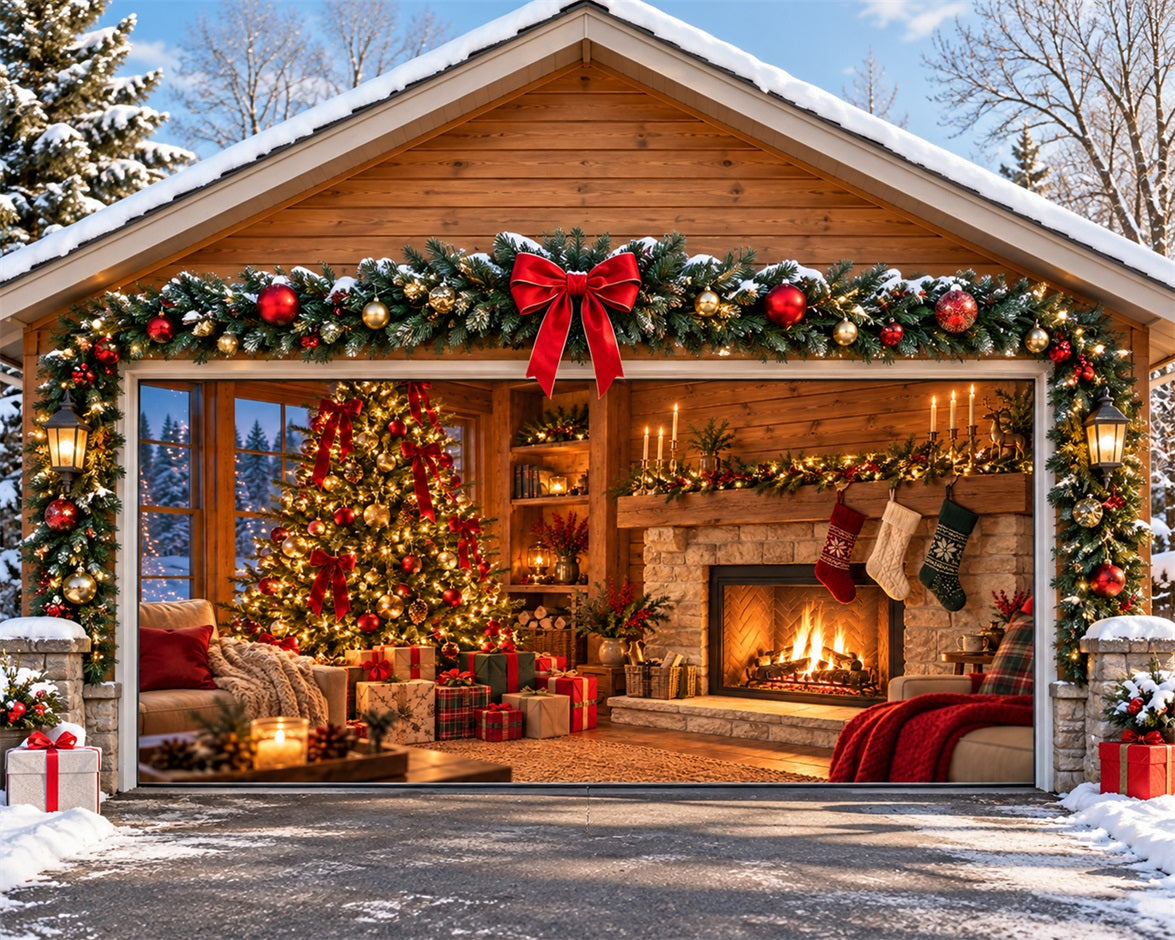 Room Scene Christmas Garage Door Cover Rustic Fireplace Gifts Outdoor Christmas Garage Door Cover HQ610-117-2 Car