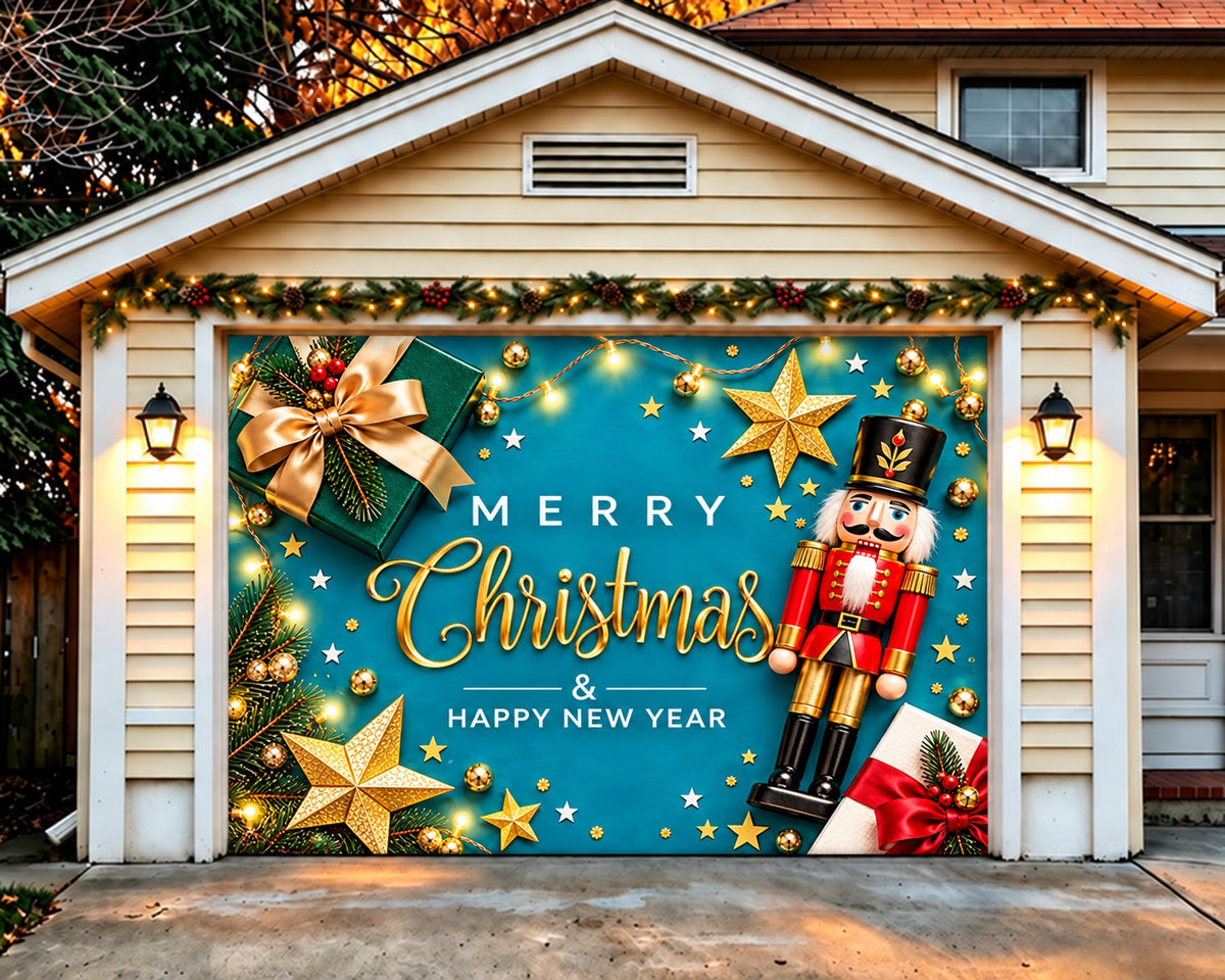 Christmas Ornament Garage Door Cover Golden Nutcracker Teal Outdoor Christmas Garage Door Decoration HQ610-125-1 Car