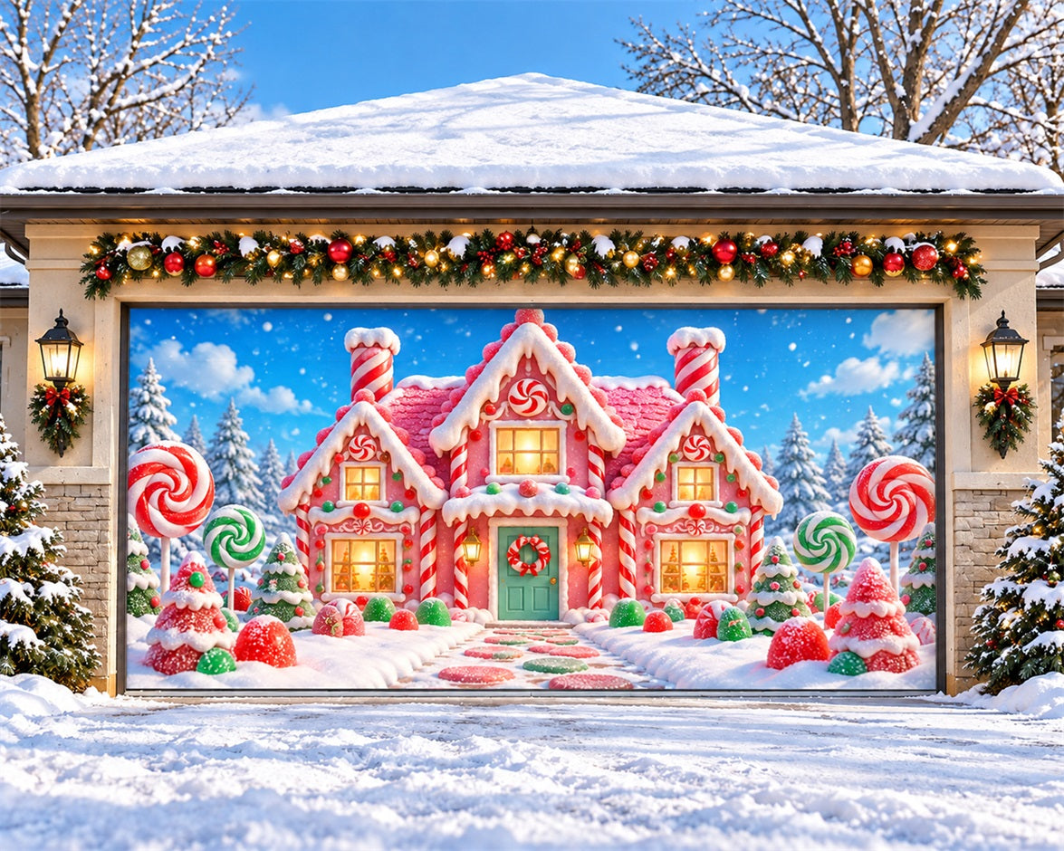 Candyland Christmas Garage Door Banner Pink Candy Cottage Christmas Garage Door Cover HQ610-130-2 Car