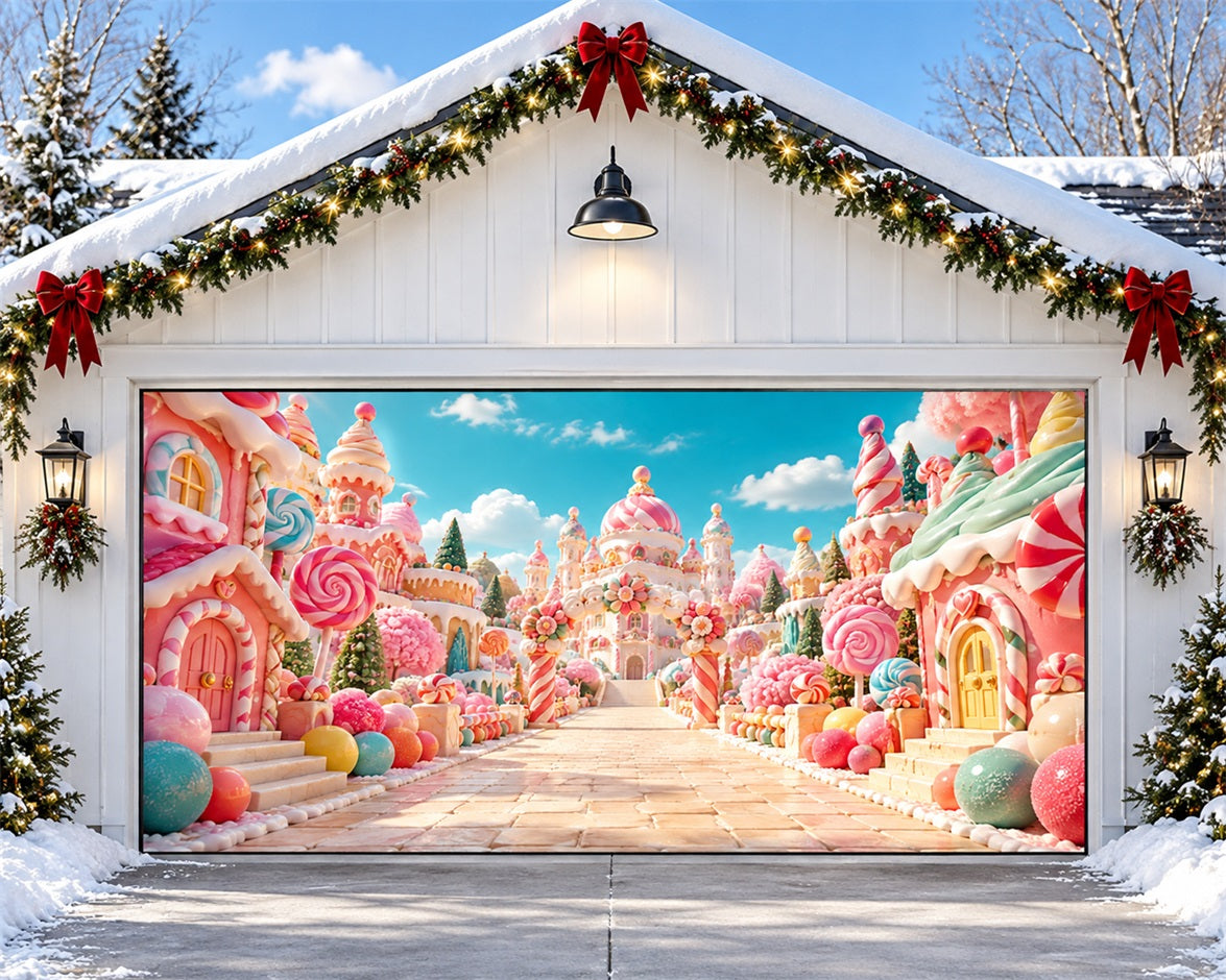 Candyland Christmas Garage Door Banner Pastel Candy Castle Outdoor Christmas Garage Door Cover HQ610-135-2 Car