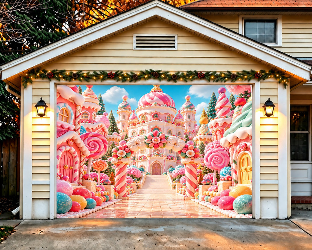 Candyland Christmas Garage Door Banner Pastel Candy Castle Outdoor Christmas Garage Door Cover HQ610-135-1 Car