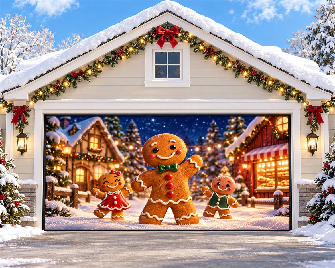 Gingerbread Christmas Garage Door Cover Snow Family Village Christmas Holiday Garage Door Cover HQ610-136-2 Car