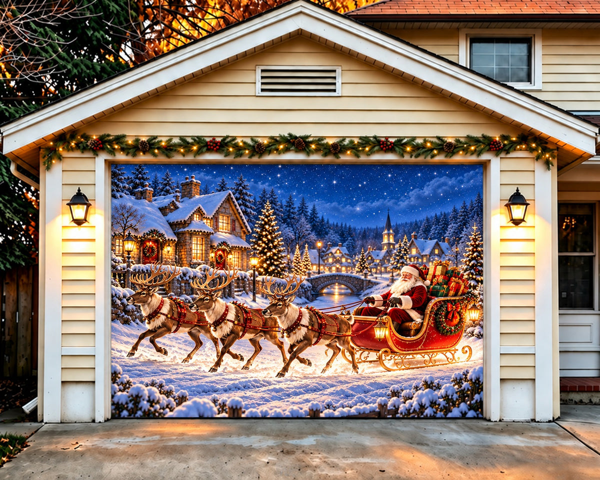 Santa Reindeer Christmas Garage Door Cover Snow Village Sleigh Christmas Garage Door Decoration HQ610-14-1 Car