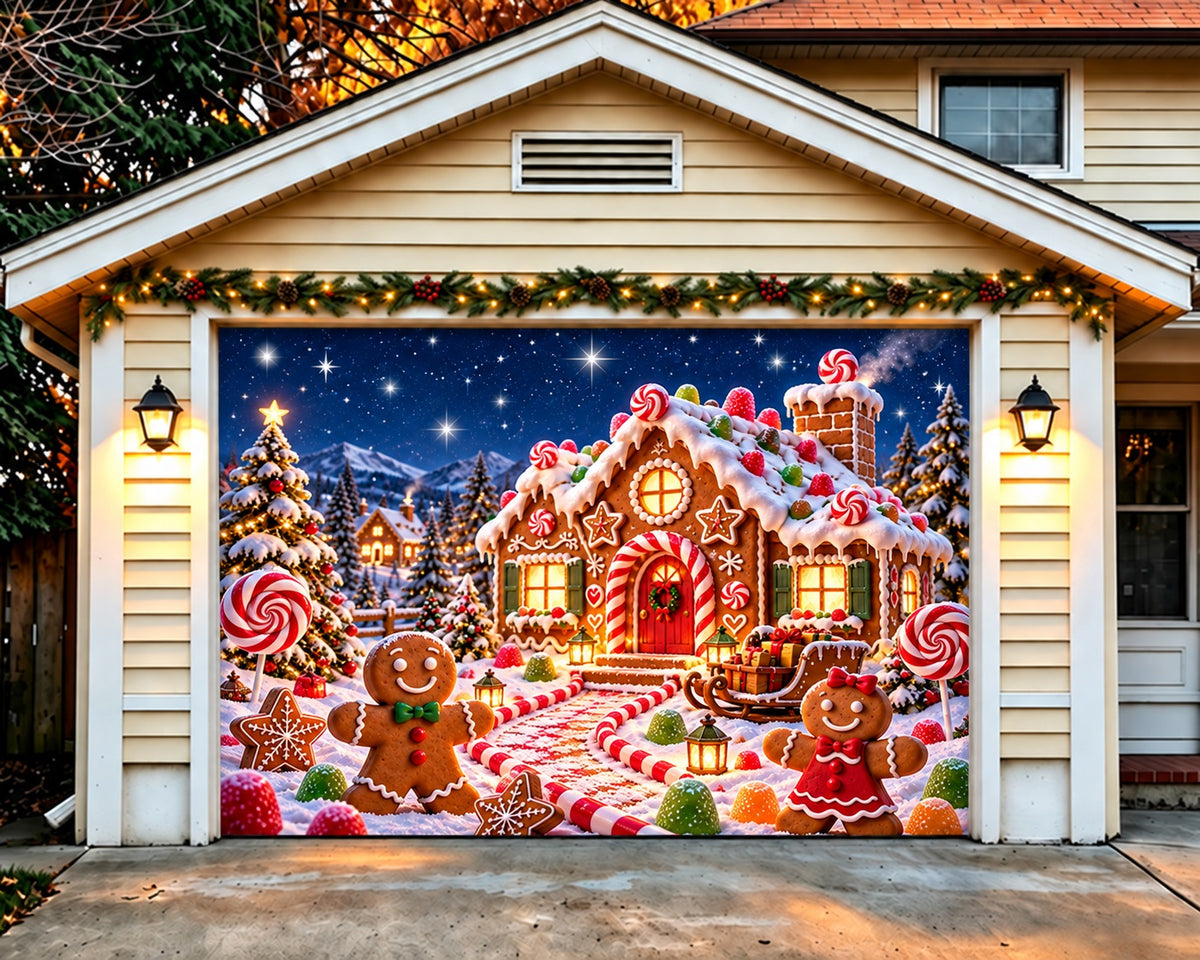 Gingerbread House Christmas Garage Door Banner Snowy Forest Village Christmas Garage Door Decoration HQ610-140-1 Car