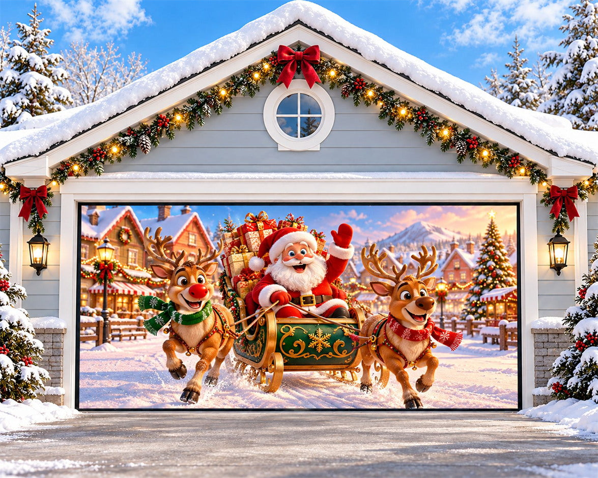 Santa Reindeer Christmas Garage Door Cover Sleigh Festive Village Christmas Garage Door Decor HQ610-141-2 Car