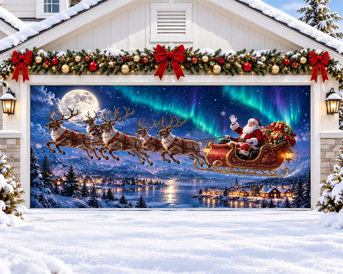 Santa Reindeer Christmas Garage Door Cover Wonderland Aurora Sleigh Outdoor Christmas Garage Door Decoration HQ610-143-2 Car