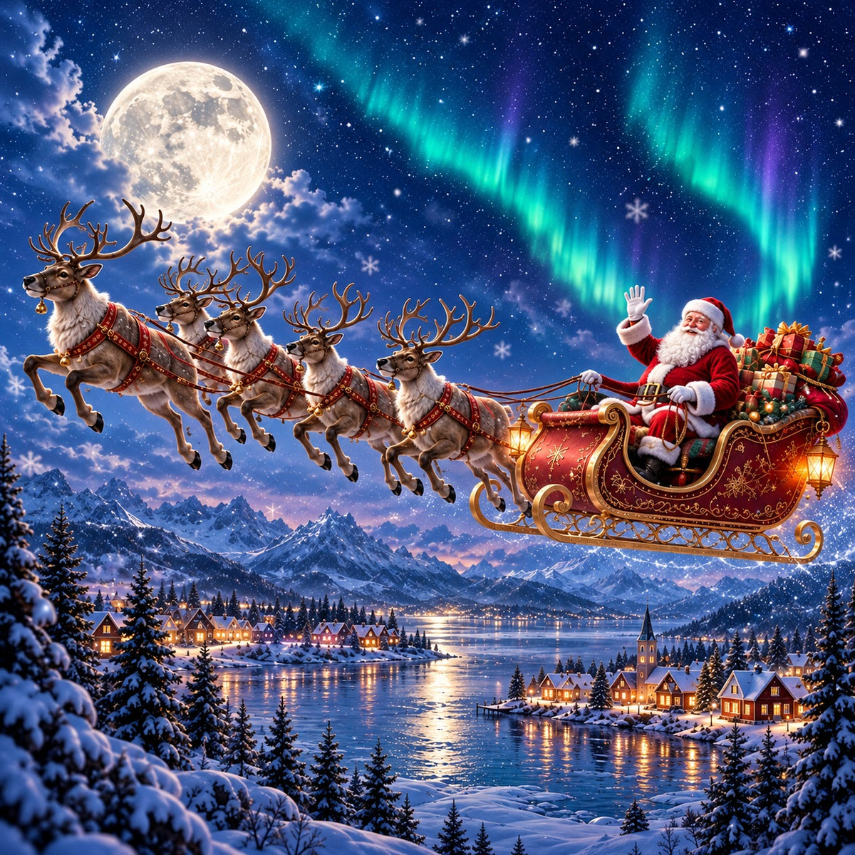 Santa Reindeer Christmas Garage Door Cover Wonderland Aurora Sleigh Outdoor Christmas Garage Door Decoration HQ610-143-1 Car