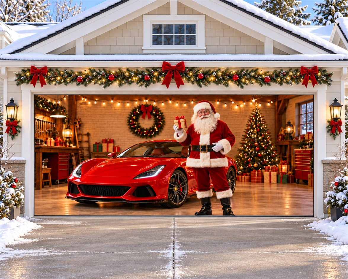 Red Truck Christmas Garage Door Cover Santa Workshop Car Outdoor Christmas Garage Door Cover HQ610-144-2 Car