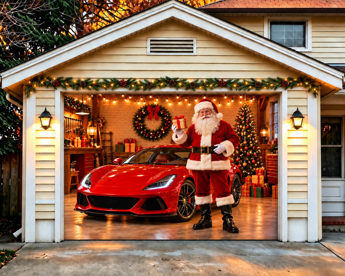 Red Truck Christmas Garage Door Cover Santa Workshop Car Outdoor Christmas Garage Door Cover HQ610-144-1 Car