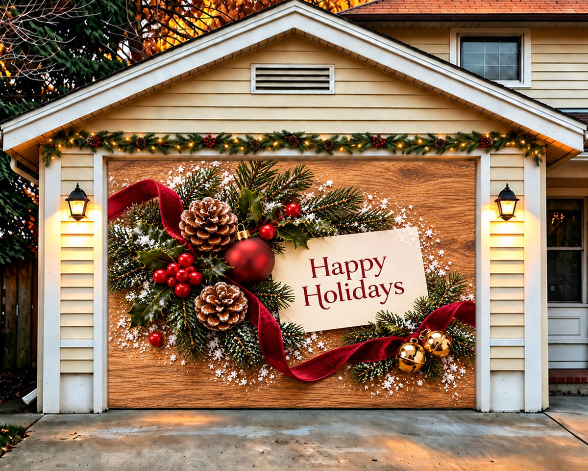 Ribbon Christmas Garage Door Cover Pinecone Holiday Wreath Christmas Outdoor Garage Door Decor HQ610-146-1 Car