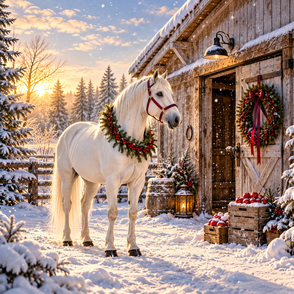 Western Christmas Backdrop White Horse Festive Barn Christmas Backdrop Photoshoot HQ610-152
