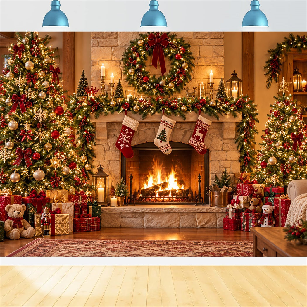 Santa Photo Backdrop Rustic Fireplace Stocking Mantel Christmas Village Backdrop Ideas HQ610-153