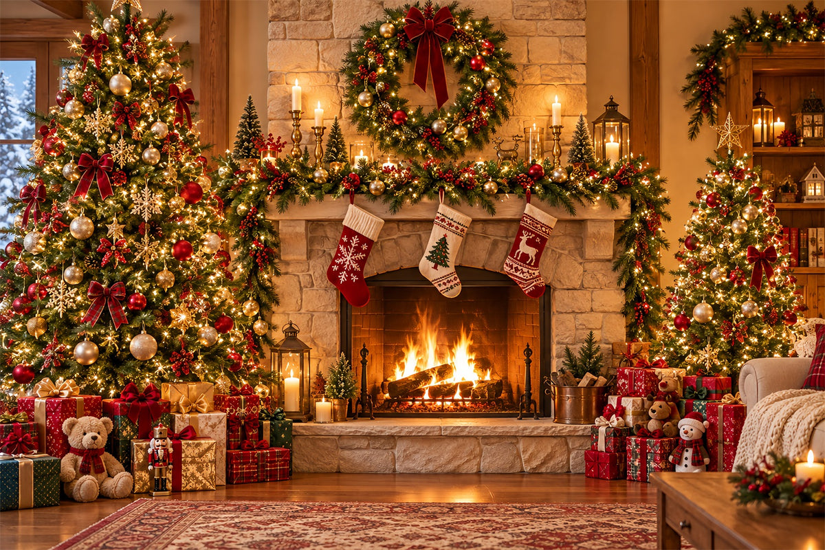 Santa Photo Backdrop Rustic Fireplace Stocking Mantel Christmas Village Backdrop Ideas HQ610-153