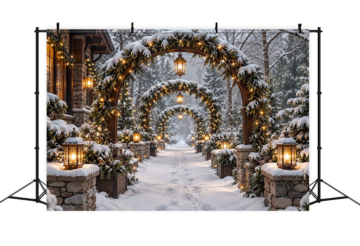 Christmas Arch Backdrop Snowy Stone Lantern Archway Xmas Photo Backdrops HQ610-154