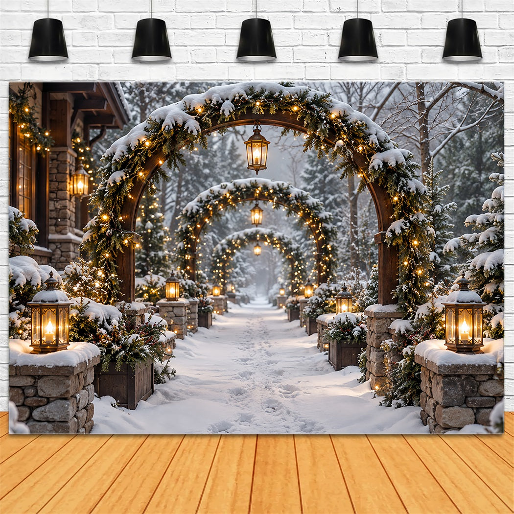 Christmas Arch Backdrop Snowy Stone Lantern Archway Xmas Photo Backdrops HQ610-154