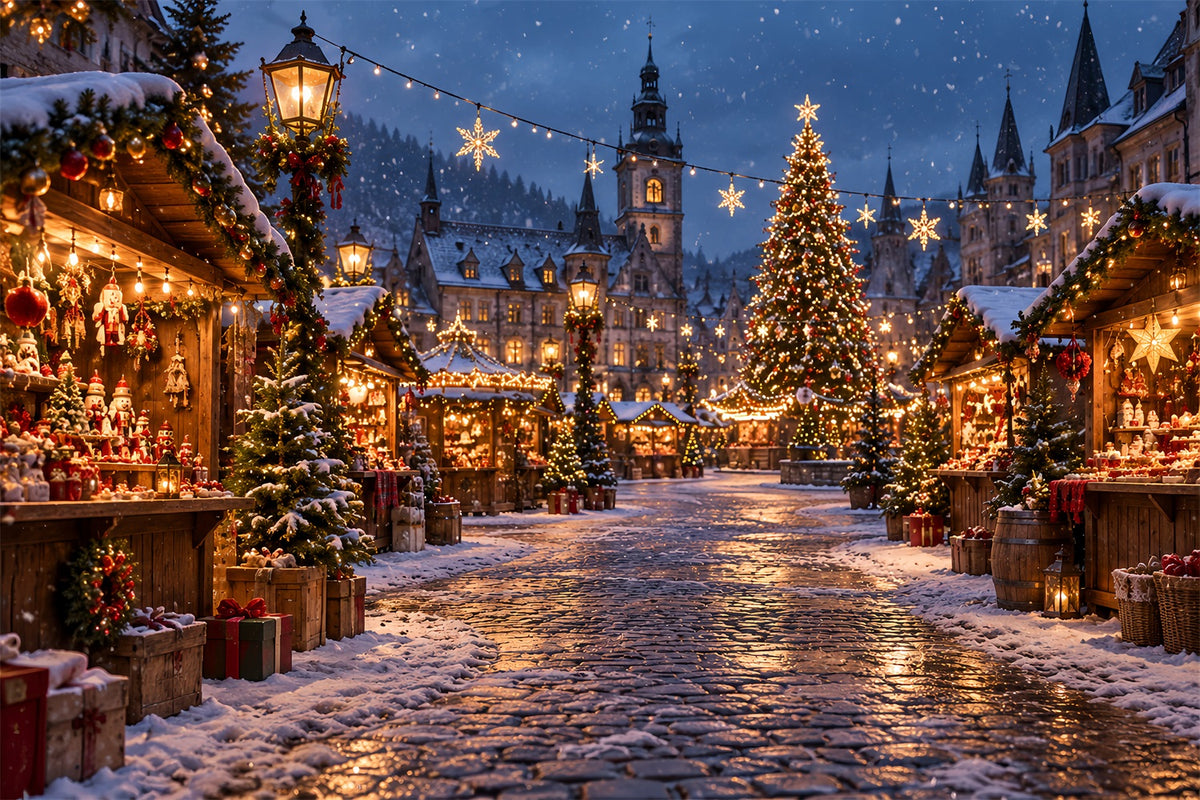 Christmas Town Backdrops Winter Snowy Market Square Christmas Backdrop Photos HQ610-155