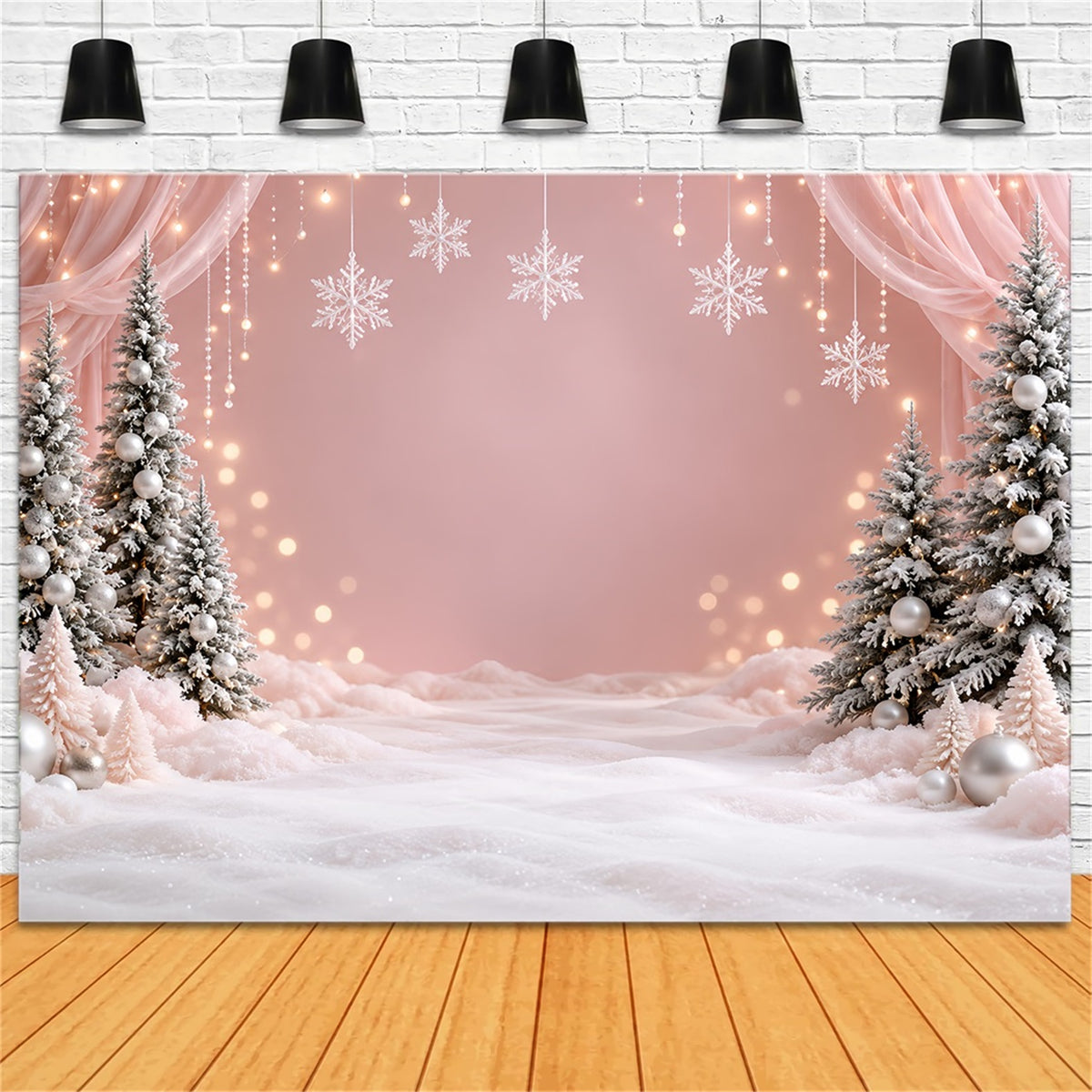 Winter Christmas Backdrop Blush Snowflake Wonderland Christmas Theme Backdrops HQ610-156