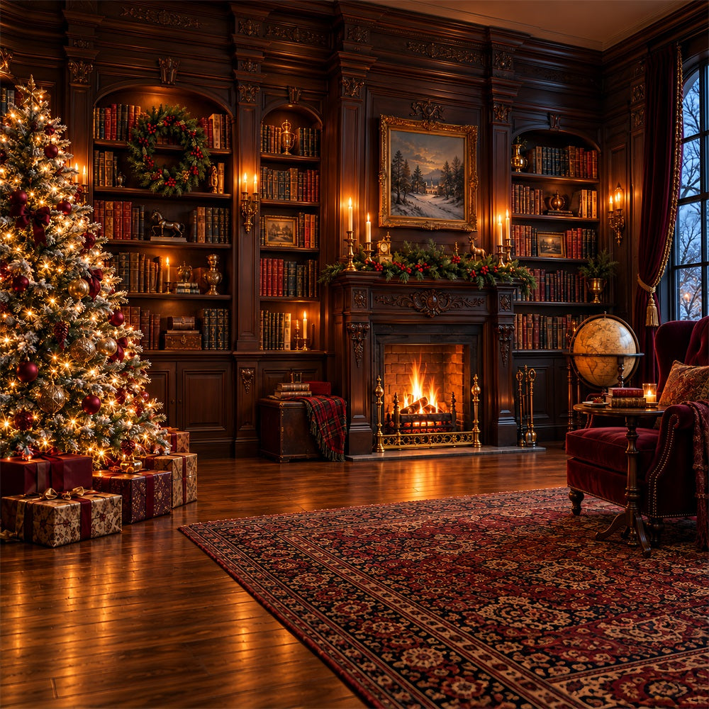 Victorian Christmas Backdrops Vintage Fireplace Library Christmas Holiday Backdrops HQ610-158