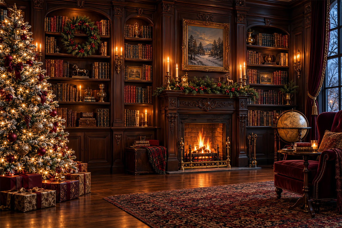 Victorian Christmas Backdrops Vintage Fireplace Library Christmas Holiday Backdrops HQ610-158