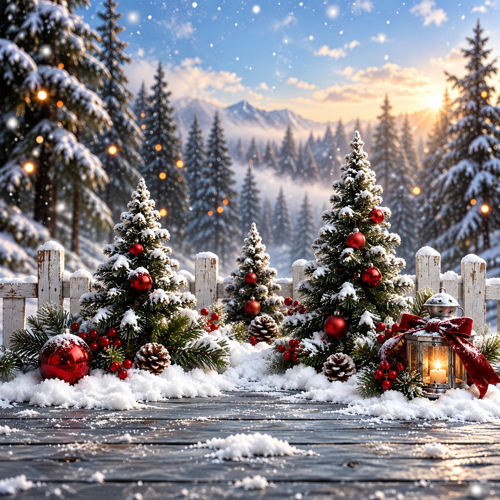 Christmas Tree Forest Backdrop Snowy Red Ornament Fence Xmas Backdrop for Photos HQ610-159