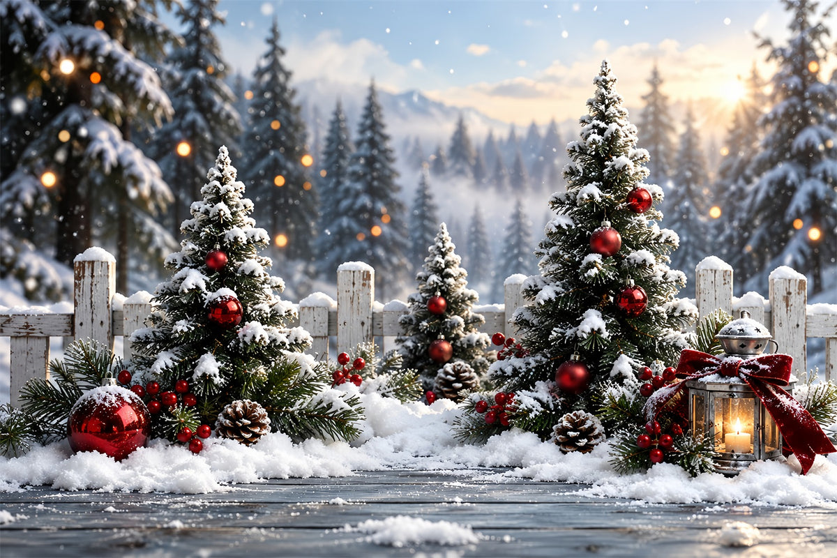 Christmas Tree Forest Backdrop Snowy Red Ornament Fence Xmas Backdrop for Photos HQ610-159