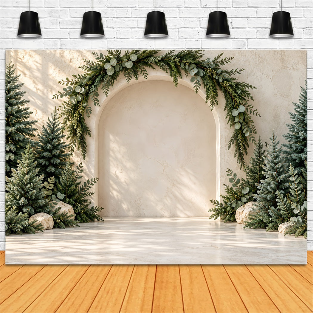 Photography Christmas Tree Backdrop Sunlit Evergreen Marble Arch Xmas Photo Backdrop HQ610-160