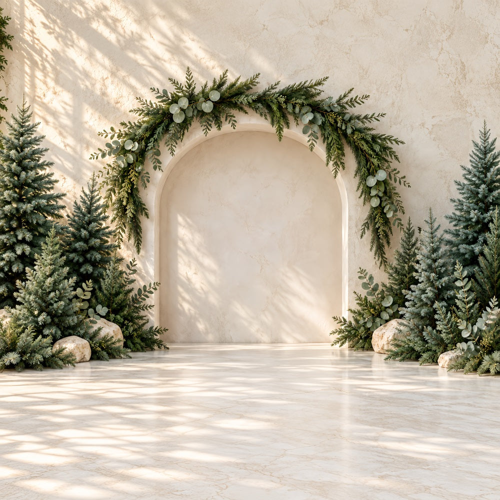 Photography Christmas Tree Backdrop Sunlit Evergreen Marble Arch Xmas Photo Backdrop HQ610-160